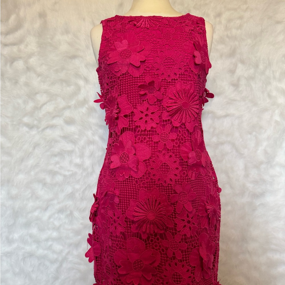 Nina Leonard Fuchsia Floral Lace Midi Dress